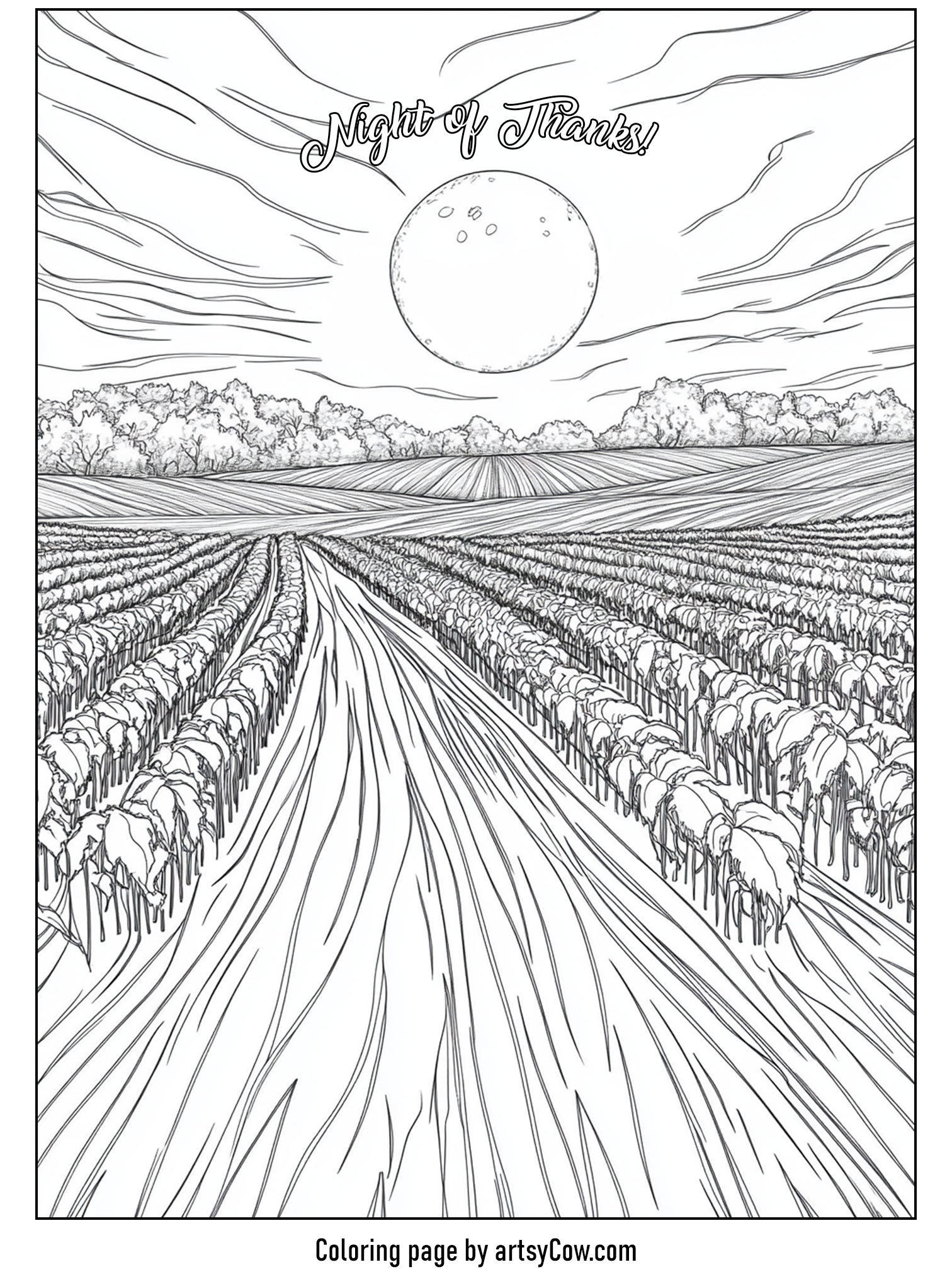 Thanksgiving coloring pages for adults featuring a tranquil harvest moon illuminating expansive fields and trees, with a pathway leading through the crops.